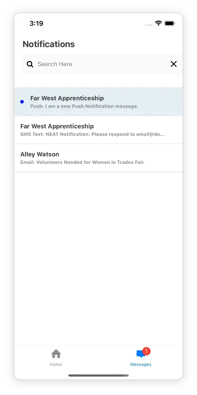 Mobile app work Messages view